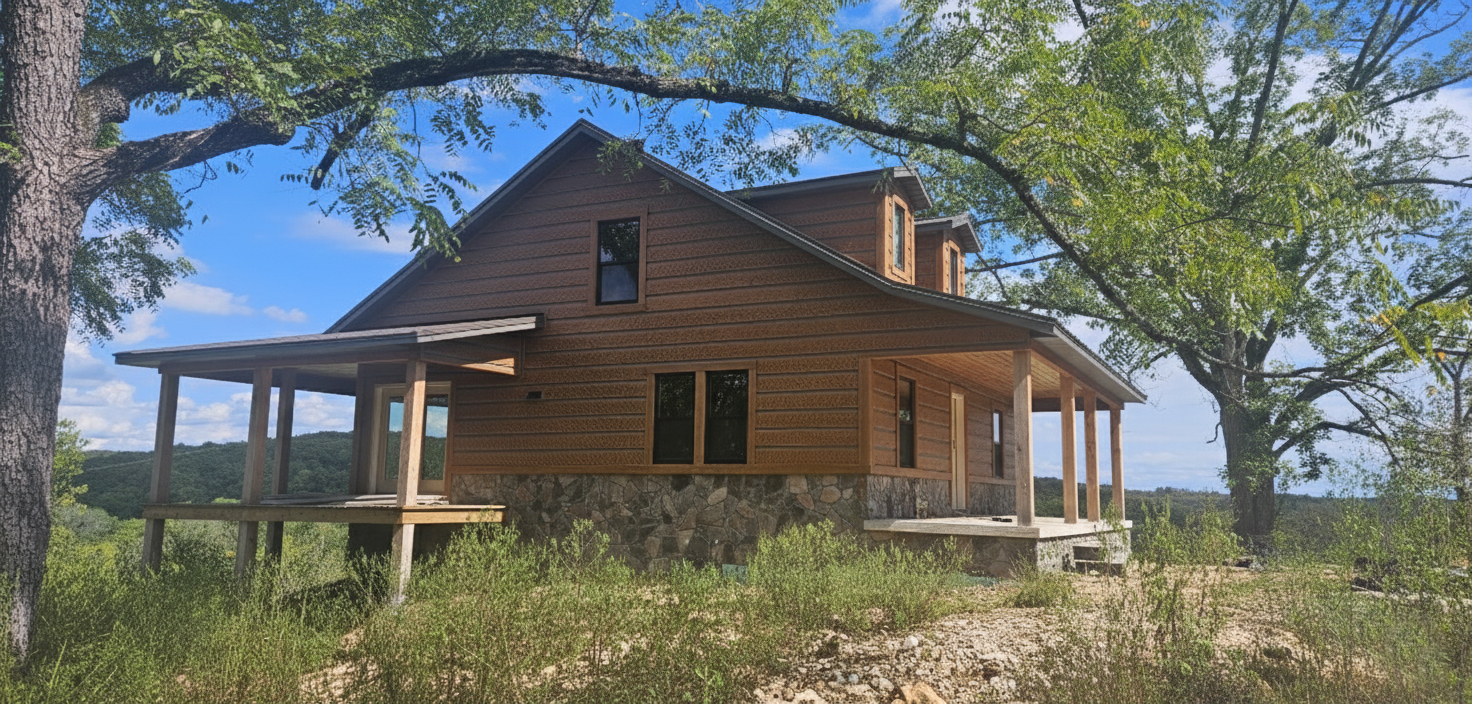 image of finished cabin with hand hewn siding